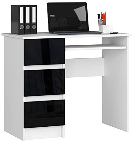 AKORD Schreibtisch A6 90 cm | 3 Schubladen Links | Schreibtisch | Bürotisch | Computertisch | Arbeitstisch | Laptoptisch | Bürmöbel | B90 x H77 x T50 cm | Gewicht 29,95 kg | Weiß/Schwarz Hochglanz