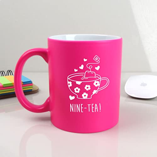 eBuyGB Engraved Neon Pink Coffee Mug -Nine-Tea Design - 310ml Tea Cup, 90th Birthday Gifts for Women, Her - Ninetieth Birthday Gift for Mum, Grandma