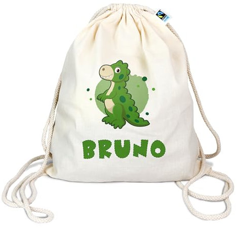 Bio Turnbeutel mit Namen personalisiert & Bedruckt | Motiv Dinosaurier | Stoffbeutel Schuhbeutel Sportbeutel Wäschebeutel Rucksack für Kinder Jungen & Mädchen | Dino 6 T-Rex Tyrannosaurus Rex