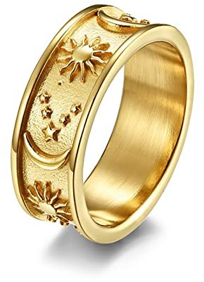 Mesnt Ring Vergoldet Damen, Ring Modeschmuck Damen, Sonne-Mond-Stern-Band-Ring Ring aus Edelstahl Gold Größe 65 (20.7)