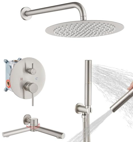 Airuida Badewannen-Duschsystem mit Wannenauslauf, gebürstetes Nickel, 3 Funktionen, schwenkbare Badewanne, Duscharmatur-Set mit Wannenauslauf, 30,5 cm, runder Regenduschkopf, 2 Funktionen, Handbrause