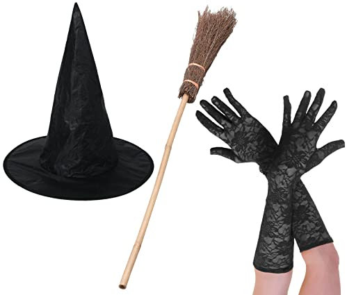 labreeze Adults Black Witch Hat Broom Stick Long Lace Gloves Halloween Horror Fancy Dress