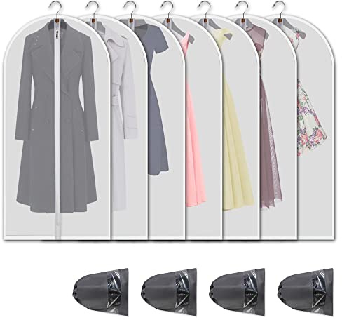 VOSIGREEN Hanging Garment Bags 7 Piece Set - 60 Inch Translucent Dust Proof Clothes Bag White Breathable Full Zipper Dust Cover for Suit Dance Costumes Gown Dress | 4 Portable Travel Shoe Bags