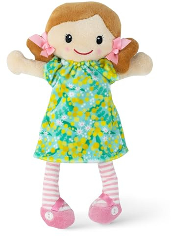 Tiger Tribe: Nellie Rag Doll - Soft Snuggly Velboa Fabric, Green-Yellow Dress, Perfect Cuddly Companion for Newborns, Babies & Toddlers, Safe & Washable