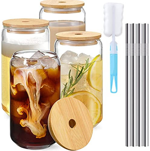 4pcs Transparent Can Glass Cups with Lids & Straw 500ml Large Drinking Glasses Can Shaped Beer Glasses Tumbler for Cold Drinks Juice Coffee Cocktail Soda