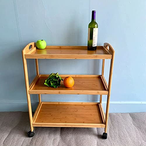 FEFE® Bamboo 3 Tier Kitchen Storage Organiser Rack Serving Trolley Island Cart With Wheels, 60.5 x 33 x 73cm (LK2005-DG-SAF-2022)