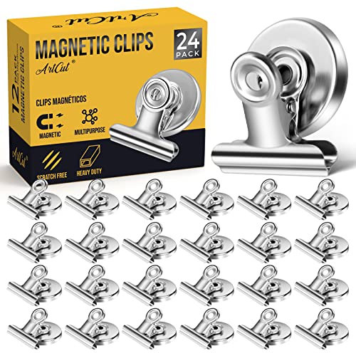 Artcut 24 Pack Silver Magnetic Clips for Fridge, Whiteboard, 31mm Magnetic Bulldog Clips, Fridge Magnet for Photo, Note, File, School Supplies,