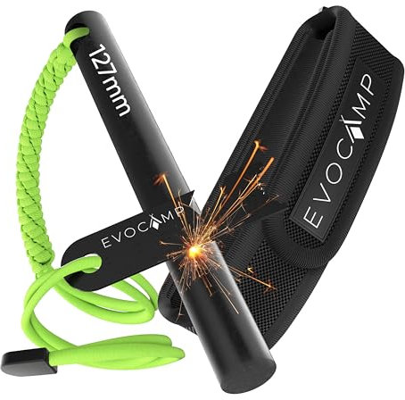 EVOCAMP Pedernal de Exterior, pedernal XXL, Set de pedernal con Bolsa, Paracord, Compacto pedernal de Fuego: 12,7cm de Largo, Piedra de Fuego, Kit de Supervivencia para Camping, Festivales, Bushcraft