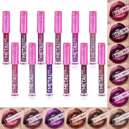 JasCherry Metallischem Glitzer Flüssiger Lippenstift-Make-up-Set Lipgloss-Kollektion, 12 Stück Wasserdichte Langlebige Schimmern Lippen Kosmetik Geschenkset