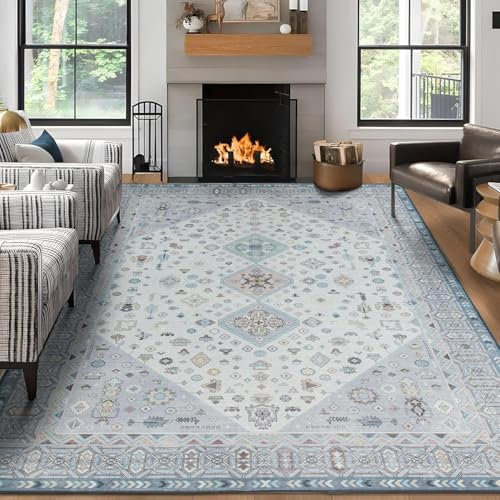 TALETA Teppich Waschbar, Vintage Teppich Wohnzimmer Kurzflor für Wohnzimmer, Schlafzimmer, Blau, Groß: 240 x 340 cm