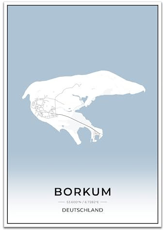 Vacentures Borkum Karten Poster - Premium Wandbild ohne Bilderrahmen I Moderne Wanddeko für Wohnzimmer oder Schlafzimmer I Hochwertiger Druck (Blau, 50x70 CM)