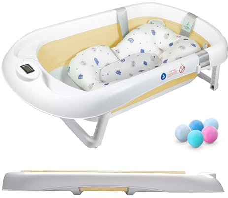 Baignoire Bébé Pliable XXL Avec Coussin De Bain Bebe Et Thermomètre Intégré - Baignoire Enfant Avec Siege De Bain Pour Bebe - baignoire Bebe Sur Pied - Idéal Pour Cadeau De Naissance Fille Ou Garçon