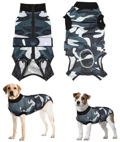 Eyein Hundebody Nach Op, Wundschutzanzüge für hündin Rüde mit Reißverschluss und Klettverschluss Gürtel - Anti-Lecken und Wundschutz, Atmungsaktiv Einteiler für Hunde Nach Op (Camouflage, XS)
