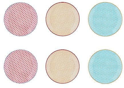 Björn, Collection Pattern, Lot de 6 Assiettes à Dessert en Porcelaine, Bleu Clair/Rouge/Jaune - Compatible Micro-ondes et Lave-vaisselle