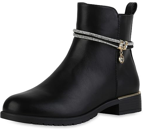 VAN HILL Damen Klassische Stiefeletten Blockabsatz Strass Trendy Schuhe 840507 213000 Schwarz PU 37