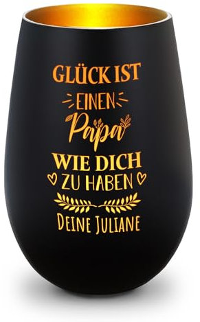 GRAVURZEILE Deko Windlicht aus Glas mit Gravur - Glück ist einen Papa wie Dich zu haben - Personalisiert mit Namen - Schönes Geschenk für den besten Papa zum Vatertag Geburtstag - Schwarz/Gold