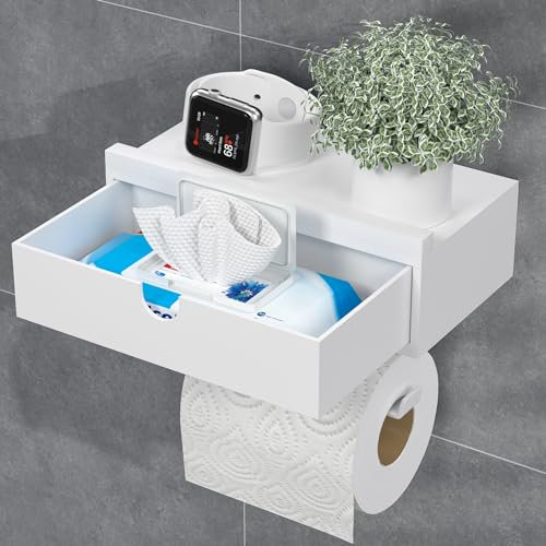 EXABANG Toilettenpapierhalter Bambus mit Feuchttücherbox, Klopapierhalter Klorollenhalter Toilet Paper Holder (Weiß)
