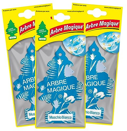 Arbre Magique Mono Parfum de voiture solide, fragrance Mousse Blanche, parfum frais et relaxant, durée jusqu'à 7 semaines, design italien, lot de 3 pièces