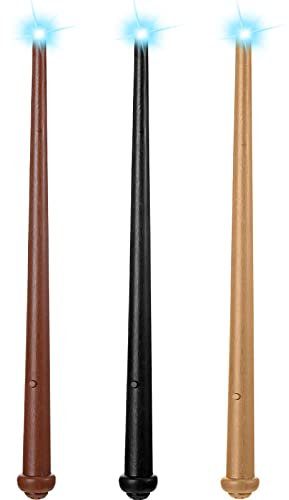 Weewooday 3 Baguettes Lumineuses Jouets Magiques de Lumière et Son Baguettes de Magicien Bâtons de Sorcier de Fée Halloween Accessoire de Costume de Fête Cosplay (Noir, Marron Foncé, Jaune)