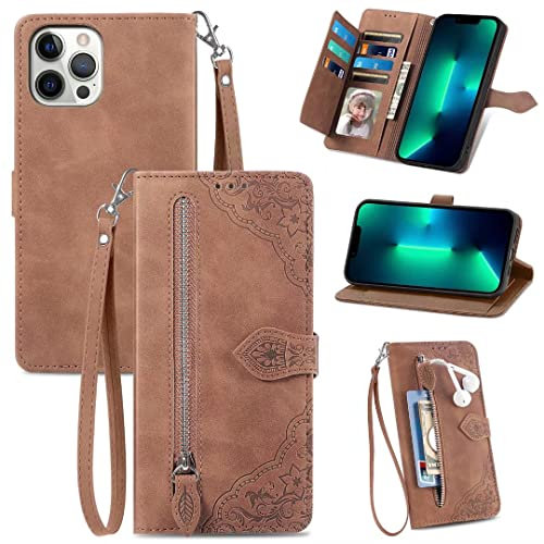 TUUNKMUY Handytasche für Fairphone 5 Hülle Case Reißverschluss Handyhülle Leder Tasche für Fairphone 5 Flipcase Cover Silikon Schutzhülle Ledertasche Skin Ständer Klapphülle Magnet braun