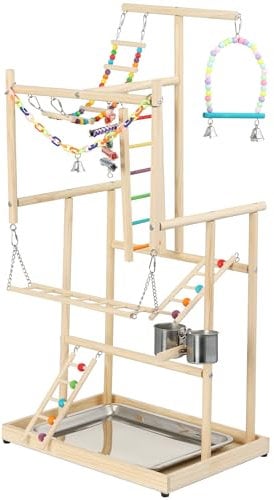 Navaris Aire de Jeux pour Oiseaux - Terrain de Jeu pour Perroquet Perruche canari avec perchoir Jouet échelle Bois Bol Eau et Nourriture balançoire - Jouets en Bois de peuplier