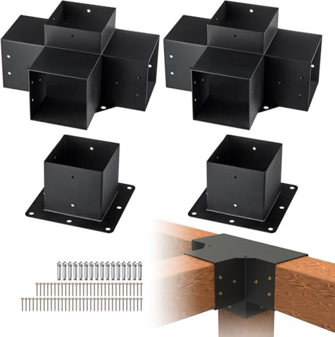 VEVOR 4PCS Kit de Soporte de Pérgola 6x6 (15x15 cm) Soporte para Postes de Maderas 2 Soportes de Esquina de 4 Vías y 2 Bases de Vigas Hardware de Bricolaje para Cenadores, Pérgolas de Patio, Cabañas