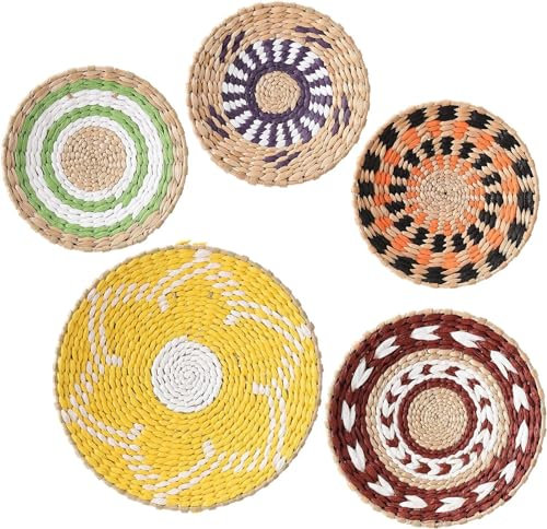 5 Stück Boho-Wandkörbe, Dekor, Seegras, for Aufhängen, Gewebter Wandkorb, Dekor, Rattan-Wandkorb, Dekorative Runde Wandbehang-Schalen, Teller, Afrikanische Hängende, Gewebte