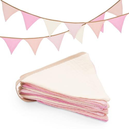 jijAcraft Wimpelkette Kinderzimmer Rosa, 2.8M Stoff Wimpelkette aus Musselin Baumwolle, Doppelseitig Stoffgirlande Kinderzimmer Deko Mädchen, Girlande Kinderzimmer für Babybett, Kinderbett