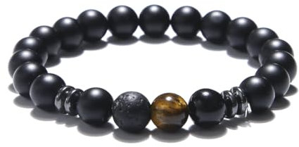 KIM JOHANSON® Herren Naturstein Armband *Chakra* mit Onyx, Jaspis & Lavastein I Perlenarmband mit echten 8mm Edelsteinen I Elastisches Kugelarmband I Handgemacht I Wasserfest | Inkl. Schmuckbeutel
