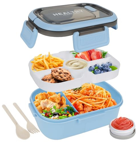 OWill Lunch Box 1200ml, Boite Repas Compartimentée avec Couverts,Boîtes Bento pour Enfants et Adultes,Hermetique,Micro-Ondes,Idéale pour Salades, Gamelle Travail, Pique Nique, bleu