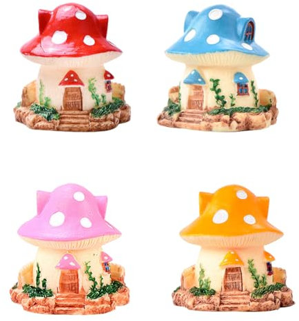 Purple Star Mini Mushroom Figures 4PCS Miniature Fairy Houses Fairy Garden Mushroom Decor Little House Figurine Mushroom Cake Topper Decorations Terrarium Accessories Resin Gifts Yellow