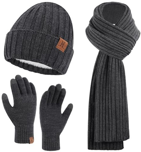 ZASFOU Uomo Cappello Invernale Sciarpa Guanti Touch Screen Set Caldo Pile Foderati in Maglia Berretto Cappelli Sciarpe lunghe Guanto Regalo per Uomo