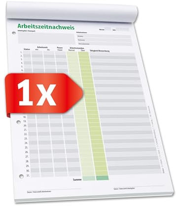 PRIMUS PRINT – Arbeitszeitnachweis Schreibblock A4 – Monatliche Arbeitszeiterfassung für 31 Tage – Stundennachweis für Minijob und Vollzeit – 50 Blatt, am Kopf geleimt mit Rückenpappe [1 x Block]