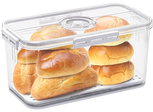 Bread Bin With Airtight Lid - Large Corner Container for Kitchen Storage - Time Recording Box for Homemade Bread, Bagels, Cookies, Bakery Loaf, Fruit, Vegetables (White)