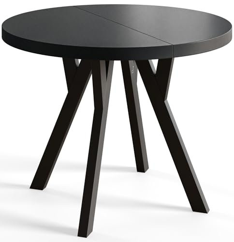 AlpiMeble Runder Esszimmertisch OVO, ausziehbarer Tisch Durchmesser: 80 cm bis 130 cm, Wohnzimmertisch Farbe: Schwarz, mit Holzbeinen in Farbe Schwarz