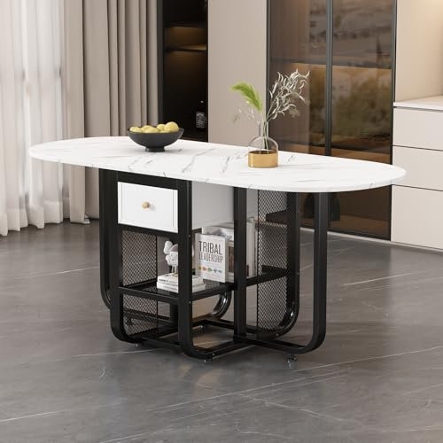 Klappbarer Esstisch160x70x75cm, Multifunktionaler ausziehbarer Esstisch mit Marmor-Muster, Esstisch mit Stauraum, Esstisch mit Schubladen und 3 Formen, für Wohnzimmer, Esszimmer (Weiß+Schwarz)