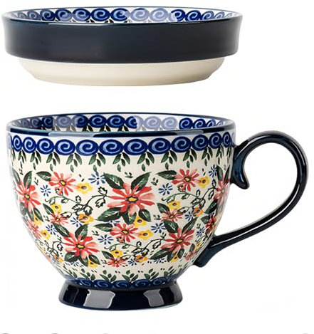 Dowbom Suppentasse mit Deckel, 500 ml Mikrowellen-Suppenschüssel, Keramik-Suppentasse, Frühstücksschale, Bouillon-Tasse (Blume-F, 500 ml)