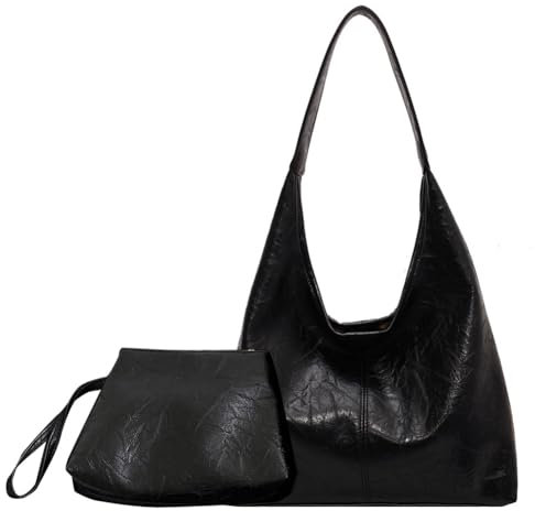 2-teilige Set Damen Umhängetasche aus PU Leder, lässige Retro Tragetasche, Handtasche mit großer Kapazität, Vintage Hobo Tasche, modische Schultertasche für Arbeit, Reisen, Einkaufen (Schwarz)