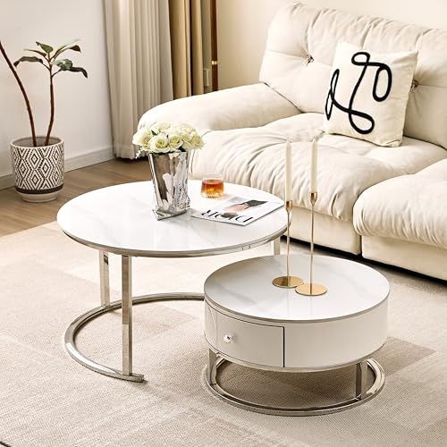 Q and P Furniture Set of 2 Coffee Tables with Storage - Gold/Chrome Finish Legs, Marble Top, 80x43 cm Large, 60x38 cm Small with Drawer - Modern Living Room Tables (Chrome)