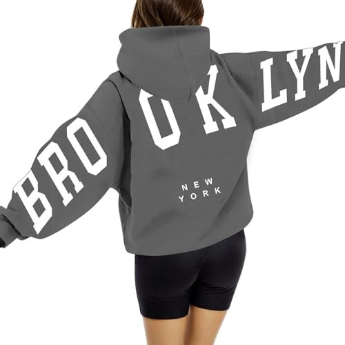 Brooklyn Hoodie Damen Oversize Backprint Pullover Briefe Aufdruck Kapuzenpullover Casual Winter Sweatshirt mit Taschen Kapuze Modisch Y2K Langarm Hoodies Langarmshirt Pulli
