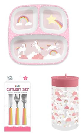 Kids Unicorn and Rainbow Dining Set, 3 Piece Cutlery, Sectioned Plate, 450ml Bottle with Straw, Pink and Rainbow Design Star, Bowl, Girls