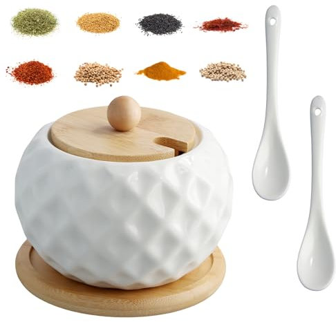 Kioiner Contenitore portaspezie, zuccheriera in ceramica con coperchio in bambù e 2 cucchiai (bianco)