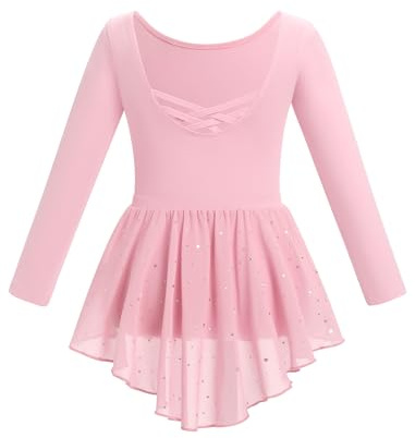 Vêtements de Ballet pour Enfants Robe Leotard Danse Justaucorps Jupe à Paillettes Deux Pièces Manches Longues Ballerines Fille Rose 150cm