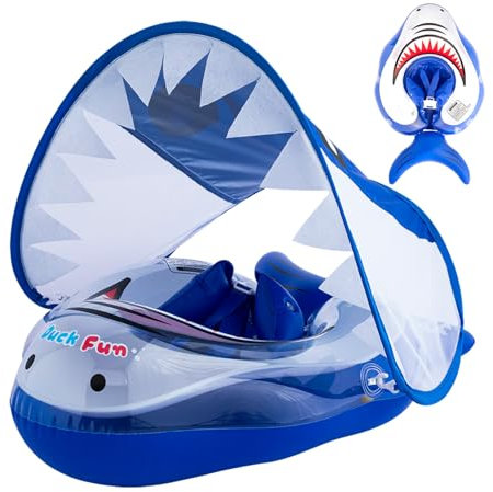 Baby Schwimmring mit Sonnendach, Schwimmring Baby 6 Monate Schwimmhilfe Kinder 3-6 Jahre, Verstellbarer Sicherheitssitz mit UPF50+ Sonnenschutzdach & Spielzeug (Blau)