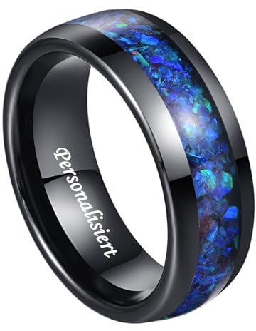 NUNCAD Personalisiert Blauer Opal Ring für Herren 8mm Schwarzer Ring mit Gravur Wolfram Eheringe Gewölbter Herrenring für Hochzeit, Verlobung, Alltag, 54.4(17.3)