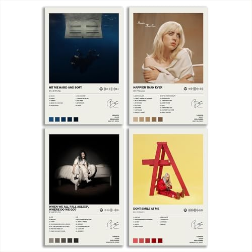 FDSFE Billie Poster Eilish Albumcover, limitierte Auflage, Leinwandposter, Schlafzimmer-Dekor, Landschaft, Büro, Raumdekoration, Geschenk (4er-Set), ungerahmt, 40 x 60 cm