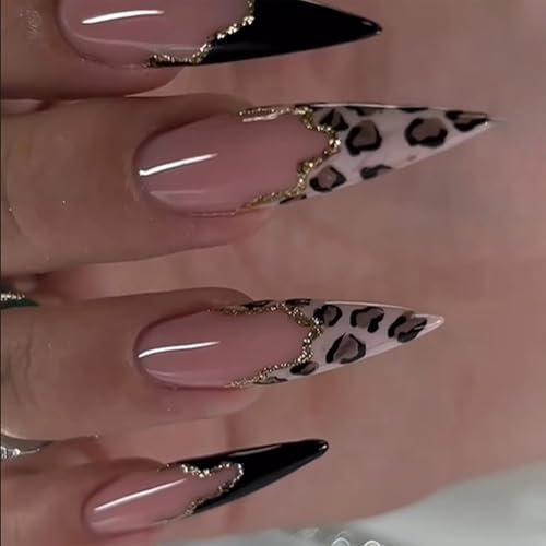 Shimmerz 24 Stück Lange Stiletto Falsche Nägel Schwarz Leopardentierprint Französische Nagelspitzen Vollständige Abdeckung Glanz Naturfarben Aufkleber Nägel