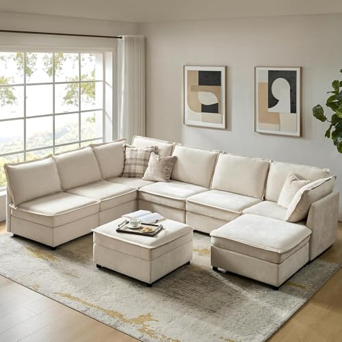 HULALA HOME Modulares XXL 7-Sitzer U-förmiges Sofa mit verstecktem Stauraum Couch mit Extrabreite Sitzflächen, frei kombinierbar & waschbare Bezüge, Beige