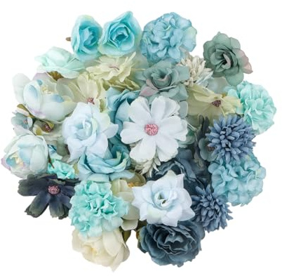 Luckwaii Kunstblumen Köpfe Kunstblumen zum Basteln, 40Stk Künstliche Blumenköpfe Blumen Deko Seidenblumen Wie Echt Dekoblumen Künstlich Artificial Flowers 2cm~5cm für Haarschmuck Hochzeit (Blau, Grün)
