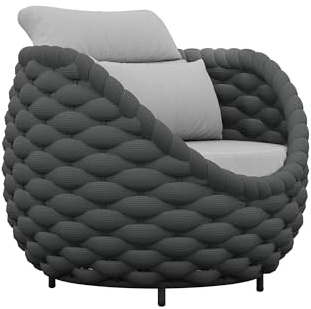 Vmopu Terrassen Einzelsessel, Wasserfester Lounge Sessel – aus Aluminium & Handgewebtem Seil, inklusive Polstern, für Garten, Terrasse & Poolbereich, Schwarz